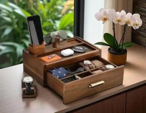 منظّم الإكسسوارات الخشبي بدرج أنيق